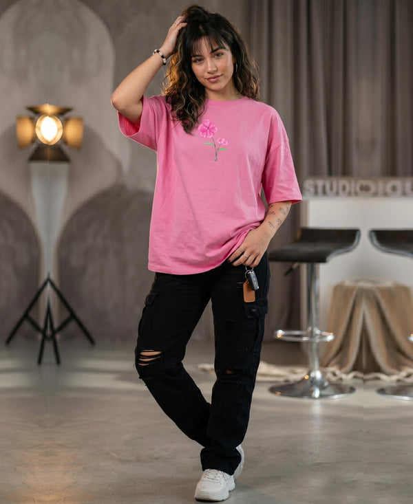 T.T. Women|Oversized Printed T-Shirt|Round Neck|Soft Breathable Cotton Fabric | Street , Casual & Outdoor Wear Tees|Wild Flower Print|Pink