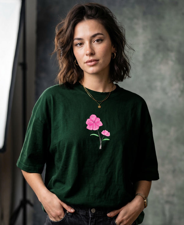 T.T. Women|Oversized Printed T-Shirt|Round Neck|Soft Breathable Cotton Fabric | Street , Casual & Outdoor Wear Tees|Wild Flower Print|Green