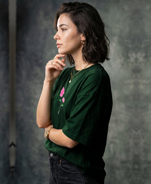 T.T. Women|Oversized Printed T-Shirt|Round Neck|Soft Breathable Cotton Fabric | Street , Casual & Outdoor Wear Tees|Wild Flower Print|Green