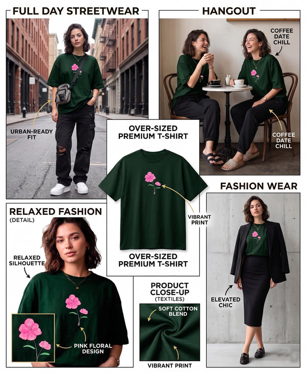 T.T. Women|Oversized Printed T-Shirt|Round Neck|Soft Breathable Cotton Fabric | Street , Casual & Outdoor Wear Tees|Wild Flower Print|Green