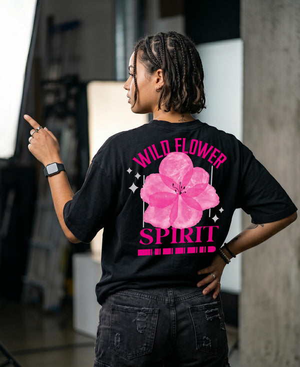 T.T. Women|Oversized Printed T-Shirt|Round Neck|Soft Breathable Cotton Fabric | Street , Casual & Outdoor Wear Tees|Wild Flower Print|Black