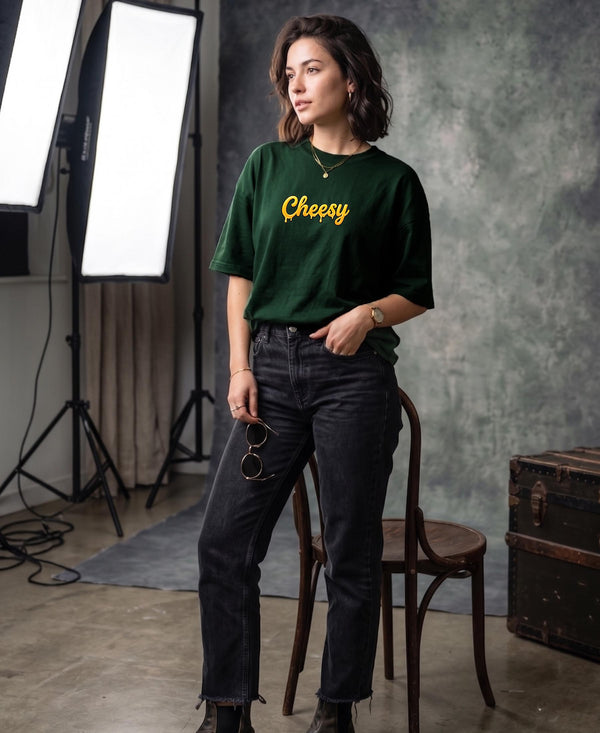 T.T. Women|Oversized Printed T-Shirt|Round Neck|Soft Breathable Cotton Fabric | Street , Casual & Outdoor Wear Tees|Cheesy Print|Green