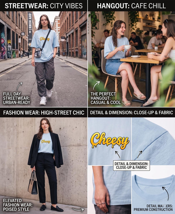 T.T. Women|Oversized Printed T-Shirt|Round Neck|Soft Breathable Cotton Fabric | Street , Casual & Outdoor Wear Tees|Cheesy Print|Baby Blue
