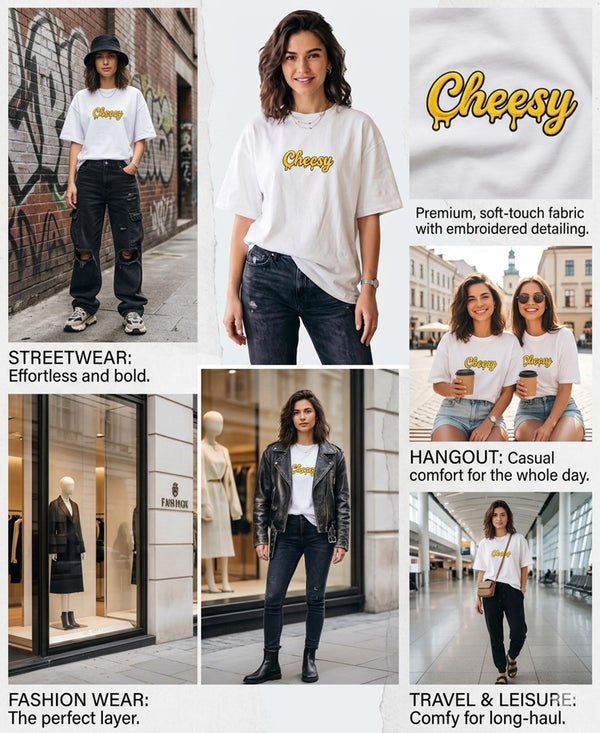 T.T. Women|Oversized Printed T-Shirt|Round Neck|Soft Breathable Cotton Fabric | Street , Casual & Outdoor Wear Tees|Cheesy Print|White