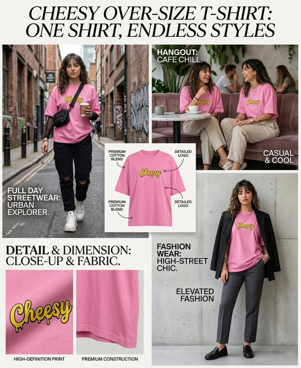T.T. Women|Oversized Printed T-Shirt|Round Neck|Soft Breathable Cotton Fabric | Street , Casual & Outdoor Wear Tees|Cheesy Print|Pink