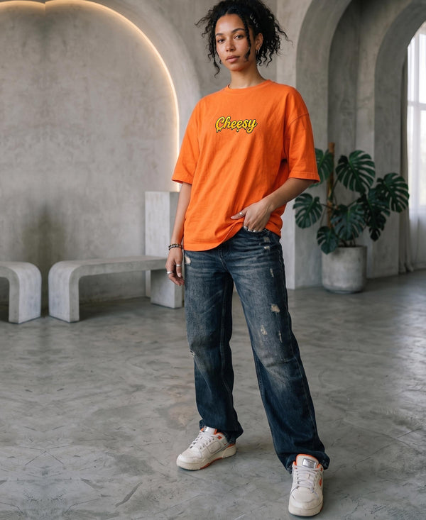 T.T. Women|Oversized Printed T-Shirt|Round Neck|Soft Breathable Cotton Fabric | Street , Casual & Outdoor Wear Tees|Cheesy Print|Orange