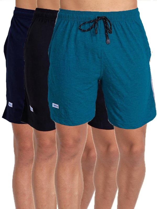 T.T. MenSolid Cotton Blend Shorts With Zipper & Back Pocket|Pack Of 3|Black,Airforce,Navy