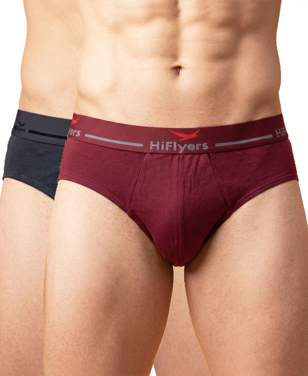 Hiflyers Men|Soft Breathable Odour-Free Cotton Lycra Fabric|Regular Fit|Comfortable Everyday Innerwear Brief|Pack Of 2|Maroon,Grey