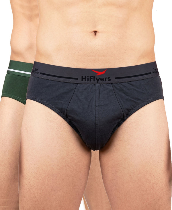 Hiflyers Men|Soft Breathable Odour-Free Cotton Lycra Fabric|Regular Fit|Comfortable Everyday Innerwear Brief|Pack Of 2|Grey,Olive