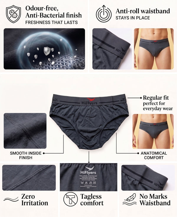 Hiflyers Men|Soft Breathable Odour-Free Cotton Lycra Fabric|Regular Fit|Comfortable Everyday Innerwear Brief|Pack Of 2|Grey,Black
