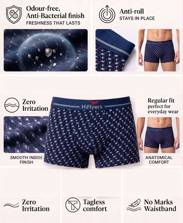 Hiflyers Men|Soft Breathable Odour-Free Cotton Lycra Fabric|Regular Fit|Stylish Geometrical Design Printed Trunk|Navy