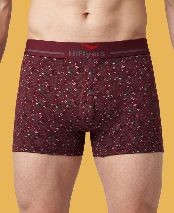 Hiflyers Men|Soft Breathable Odour-Free Cotton Lycra Fabric|Regular Fit|Stylish Geometrical Design Printed Trunk|Maroon