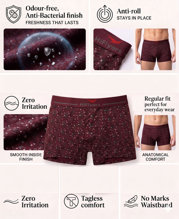 Hiflyers Men|Soft Breathable Odour-Free Cotton Lycra Fabric|Regular Fit|Stylish Geometrical Design Printed Trunk|Maroon
