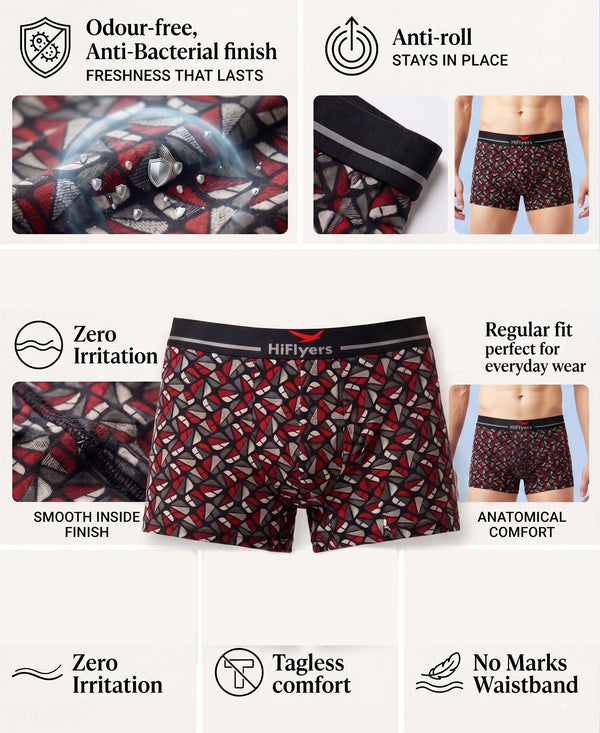 Hiflyers Men|Soft Breathable Odour-Free Cotton Lycra Fabric|Regular Fit|Stylish Geometrical Design Printed Trunk|Black