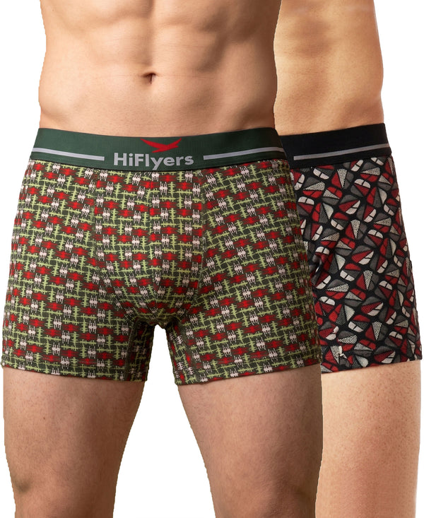 Hiflyers Men|Soft Breathable Odour-Free Cotton Lycra Fabric|Regular Fit|Stylish Geometrical Design Printed Trunk|Pack Of 2|Olive,Black