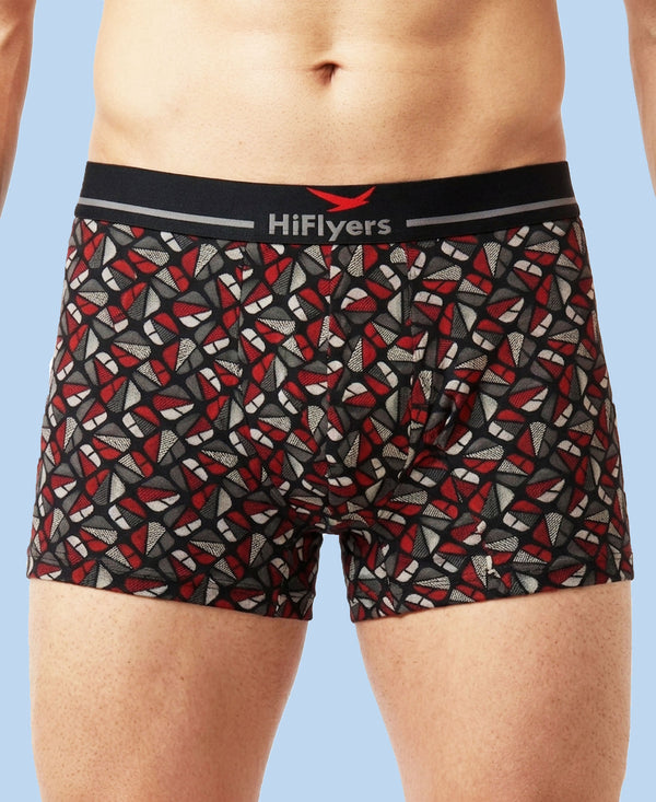 Hiflyers Men|Soft Breathable Odour-Free Cotton Lycra Fabric|Regular Fit|Stylish Geometrical Design Printed Trunk|Pack Of 2|Olive,Black