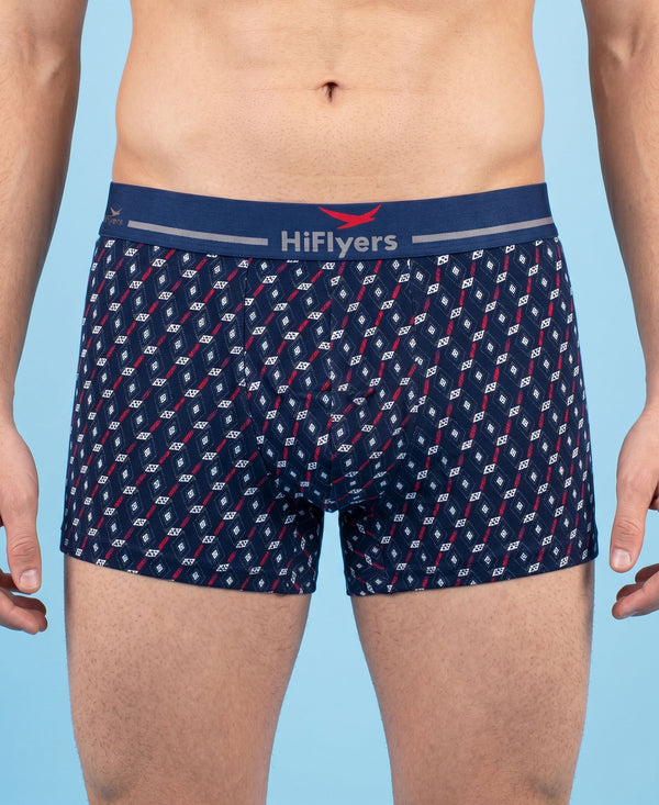 Hiflyers Men|Soft Breathable Odour-Free Cotton Lycra Fabric|Regular Fit|Stylish Geometrical Design Printed Trunk|Pack Of 2|Navy,Olive