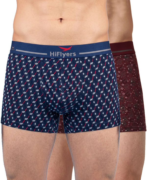 Hiflyers Men|Soft Breathable Odour-Free Cotton Lycra Fabric|Regular Fit|Stylish Geometrical Design Printed Trunk|Pack Of 2|Navy,Maroon