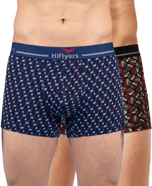 Hiflyers Men|Soft Breathable Odour-Free Cotton Lycra Fabric|Regular Fit|Stylish Geometrical Design Printed Trunk|Pack Of 2|Navy,Black