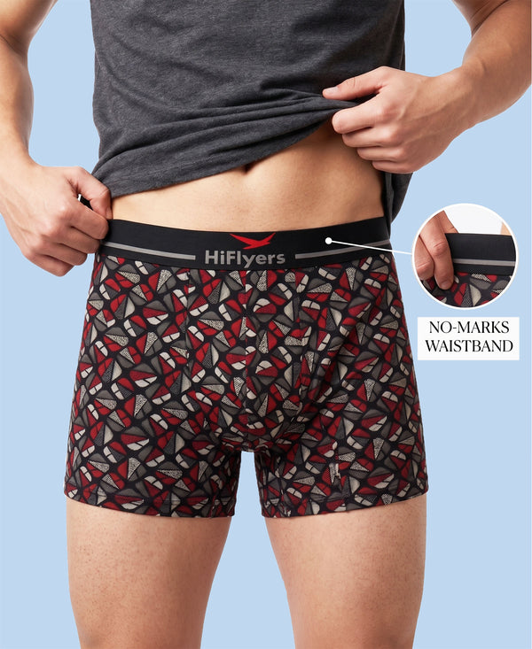 Hiflyers Men|Soft Breathable Odour-Free Cotton Lycra Fabric|Regular Fit|Stylish Geometrical Design Printed Trunk|Pack Of 2|Navy,Black