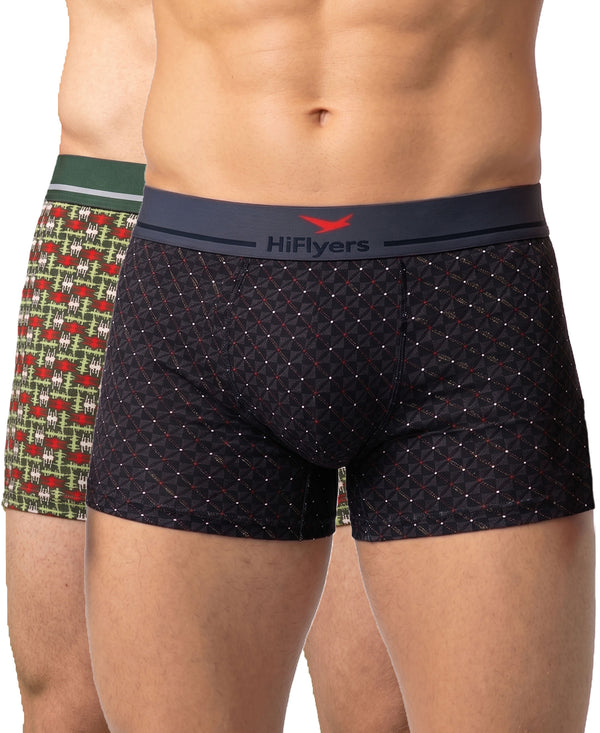 Hiflyers Men|Soft Breathable Odour-Free Cotton Lycra Fabric|Regular Fit|Stylish Geometrical Design Printed Trunk|Pack Of 2|Grey,Olive