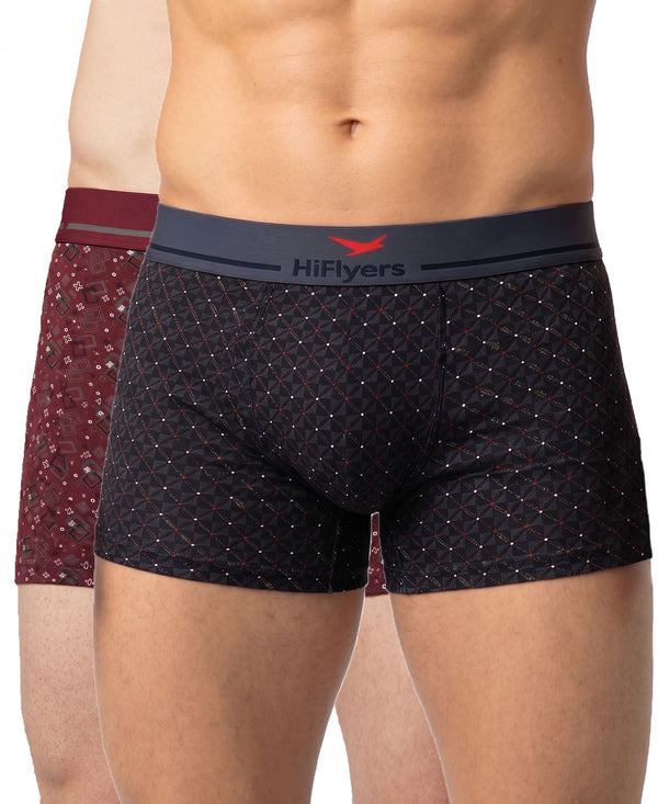 Hiflyers Men|Soft Breathable Odour-Free Cotton Lycra Fabric|Regular Fit|Stylish Geometrical Design Printed Trunk|Pack Of 2|Grey,Maroon