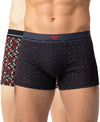 Hiflyers Men|Soft Breathable Odour-Free Cotton Lycra Fabric|Regular Fit|Stylish Geometrical Design Printed Trunk|Pack Of 2|Grey,Black