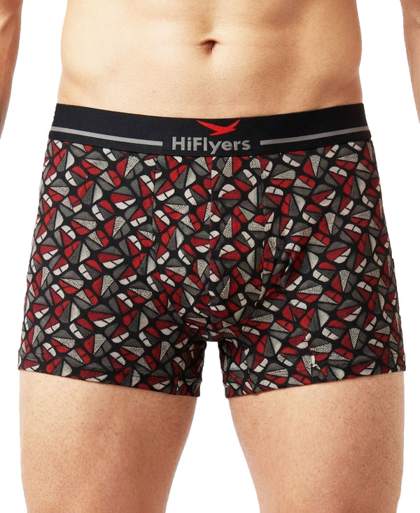 Hiflyers Men|Soft Breathable Odour-Free Cotton Lycra Fabric|Regular Fit|Stylish Geometrical Design Printed Trunk|Pack Of 2|Grey,Black