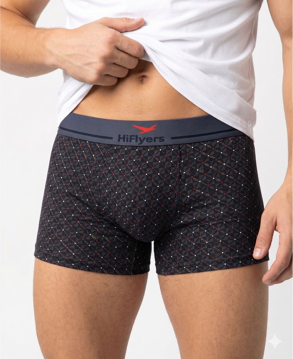 Hiflyers Men|Soft Breathable Odour-Free Cotton Lycra Fabric|Regular Fit|Stylish Geometrical Design Printed Trunk|Pack Of 2|Grey,Black