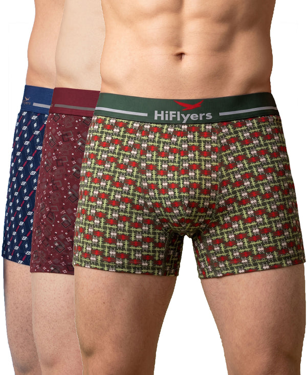 Hiflyers Men|Soft Breathable Odour-Free Cotton Lycra Fabric|Regular Fit|Stylish Geometrical Design Printed Trunk|Pack Of 3|Navy,Maroon,Olive