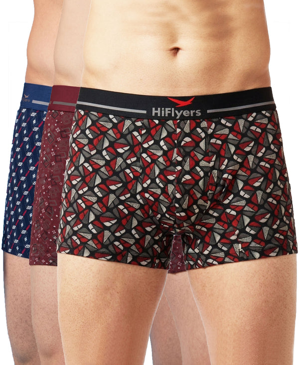 Hiflyers Men|Soft Breathable Odour-Free Cotton Lycra Fabric|Regular Fit|Stylish Geometrical Design Printed Trunk|Pack Of 3|Black,Maroon,Navy