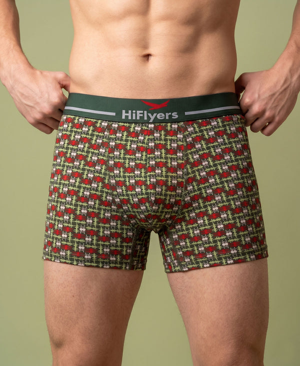 Hiflyers Men|Soft Breathable Odour-Free Cotton Lycra Fabric|Regular Fit|Stylish Geometrical Design Printed Trunk|Pack Of 3|Black,Grey,Olive