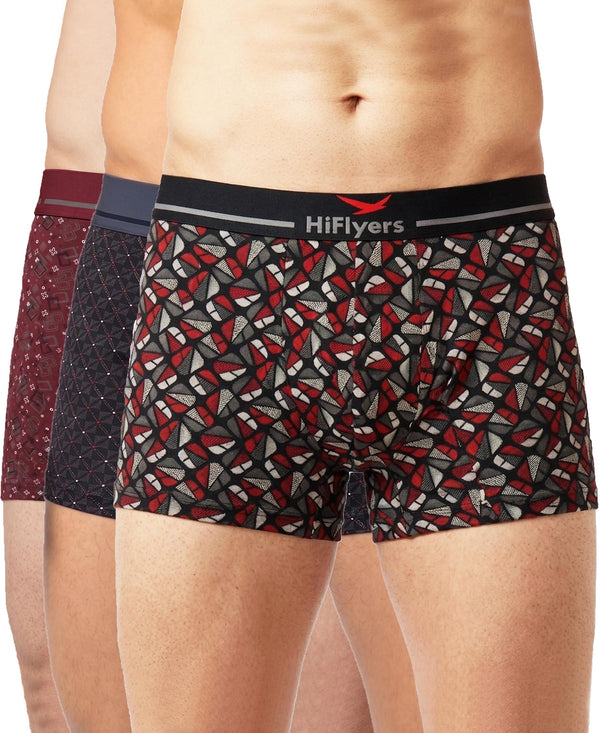 Hiflyers Men|Soft Breathable Odour-Free Cotton Lycra Fabric|Regular Fit|Stylish Geometrical Design Printed Trunk|Pack Of 3|Black,Grey,Maroon