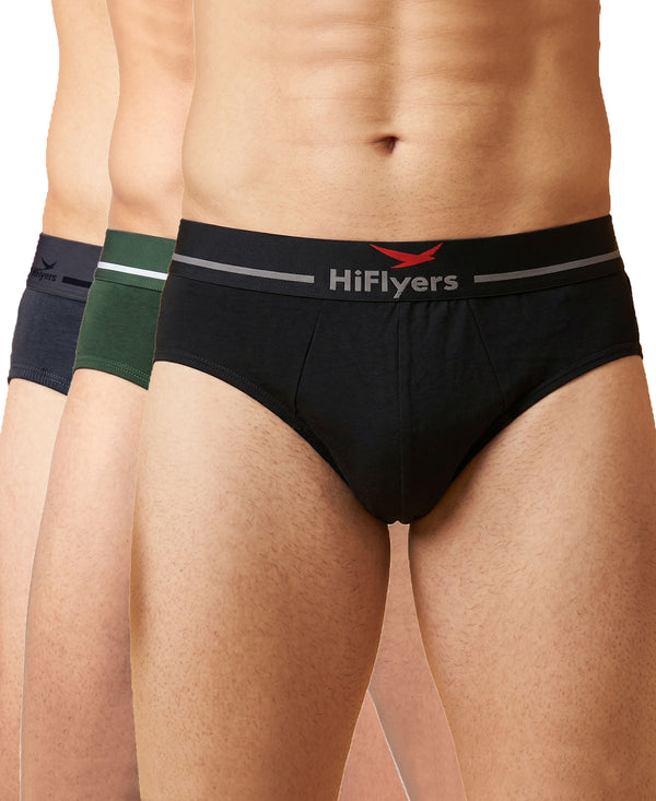 Hiflyers Men|Soft Breathable Odour-Free Cotton Lycra Fabric|Regular Fit|Comfortable Everyday Innerwear Brief|Pack Of 3|Black::Olive::Grey
