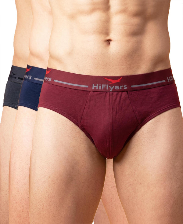 Hiflyers Men|Soft Breathable Odour-Free Cotton Lycra Fabric|Regular Fit|Comfortable Everyday Innerwear Brief|Pack Of 3|Grey::Navy::Maroon