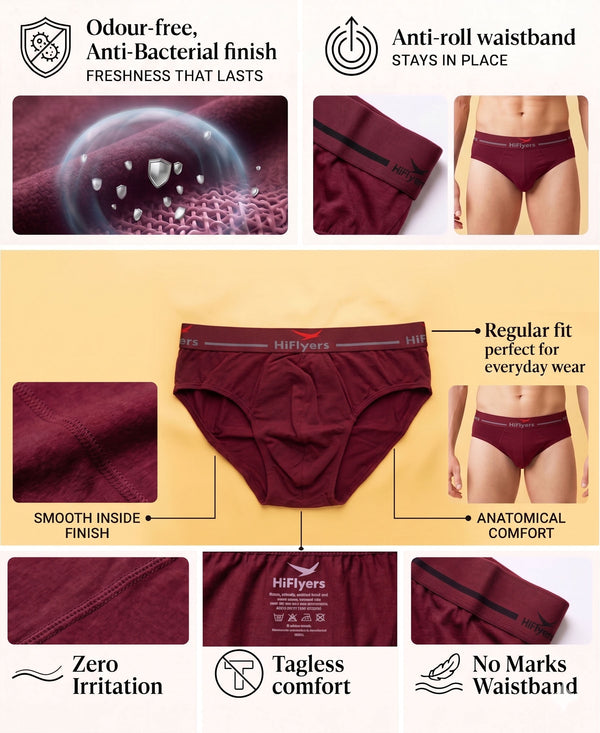 Hiflyers Men|Soft Breathable Odour-Free Cotton Lycra Fabric|Regular Fit|Comfortable Everyday Innerwear Brief|Pack Of 3|Black::Maroon::Olive