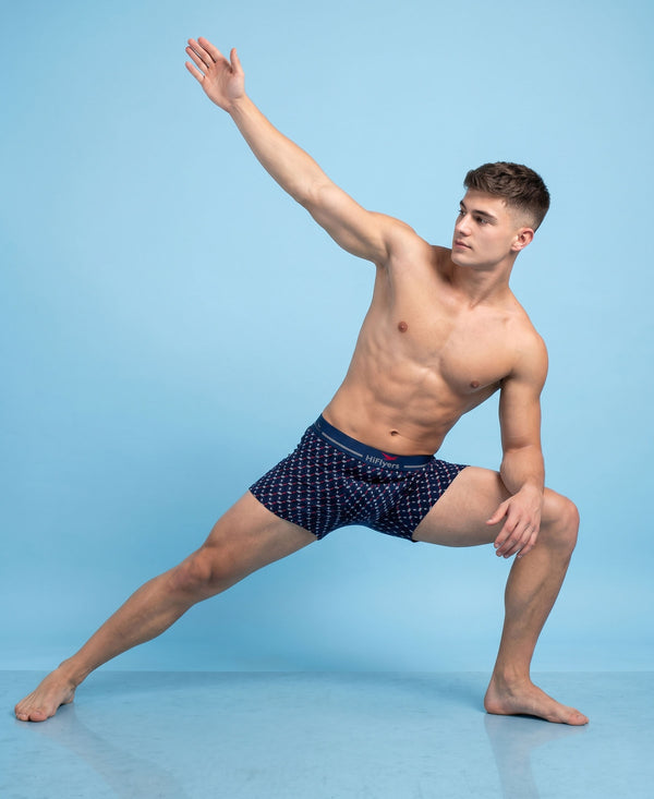 Hiflyers Men|Soft Breathable Odour-Free Cotton Lycra Fabric|Regular Fit|Stylish Geometrical Design Printed Trunk|Pack Of 2|Navy,Black