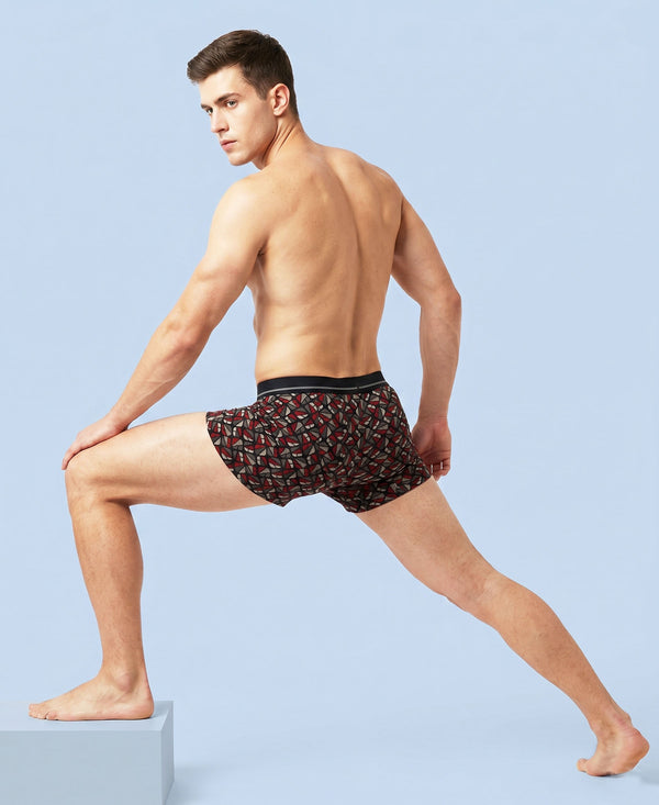 Hiflyers Men|Soft Breathable Odour-Free Cotton Lycra Fabric|Regular Fit|Stylish Geometrical Design Printed Trunk|Pack Of 3|Black,Maroon,Navy
