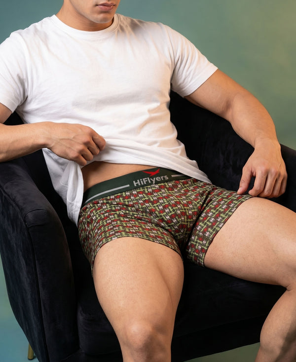 Hiflyers Men|Soft Breathable Odour-Free Cotton Lycra Fabric|Regular Fit|Stylish Geometrical Design Printed Trunk|Pack Of 3|Black,Maroon,Olive
