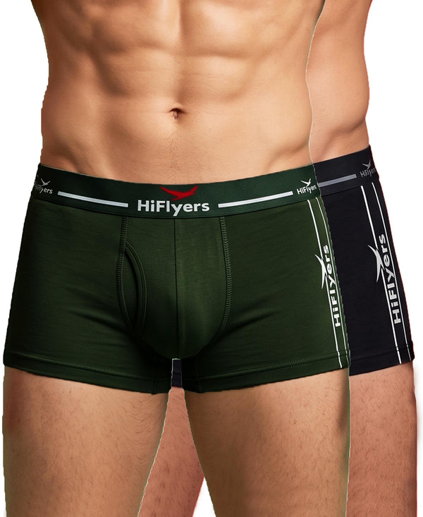 Hiflyers Men|Soft Breathable Odour-Free Cotton Lycra Fabric|Regular Fit|Comfortable Everyday Innerwear Trunk|Pack Of 2|Olive,Black