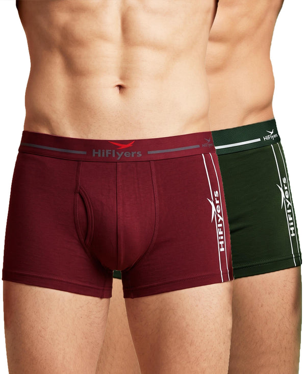 Hiflyers Men|Soft Breathable Odour-Free Cotton Lycra Fabric|Regular Fit|Comfortable Everyday Innerwear Trunk|Pack Of 2|Maroon,Olive