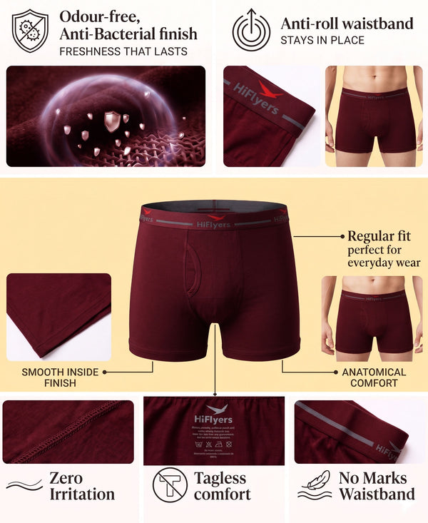 Hiflyers Men|Soft Breathable Odour-Free Cotton Lycra Fabric|Regular Fit|Comfortable Everyday Innerwear Trunk|Pack Of 2|Maroon,Grey