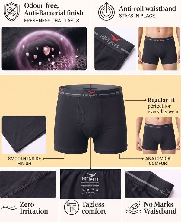 Hiflyers Men|Soft Breathable Odour-Free Cotton Lycra Fabric|Regular Fit|Comfortable Everyday Innerwear Trunk|Pack Of 2|Grey,Black