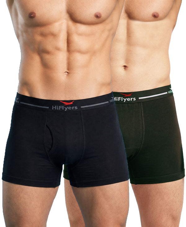 Hiflyers Men|Soft Breathable Odour-Free Cotton Lycra Fabric|Regular Fit|Comfortable Everyday Innerwear Trunk|Pack Of 2|Black,Olive
