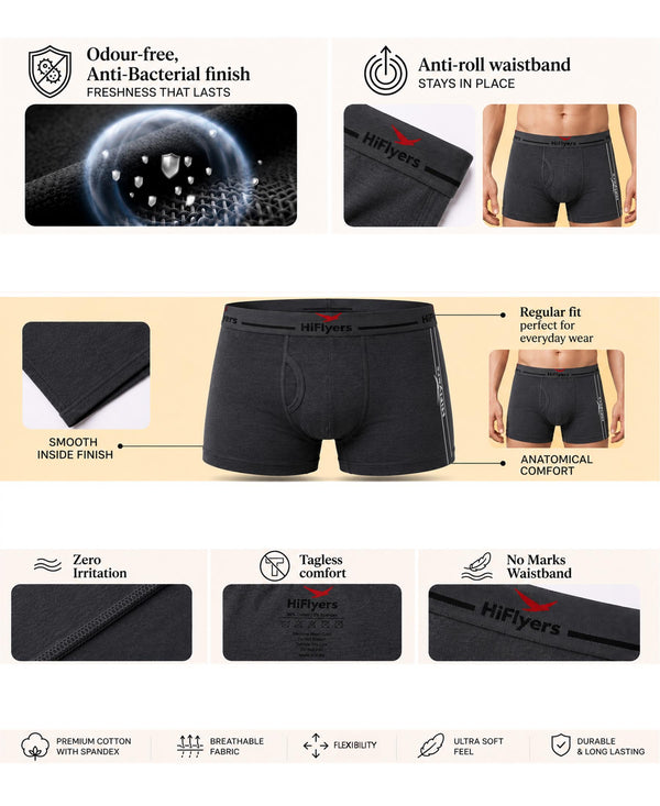 Hiflyers Men|Soft Breathable Odour-Free Cotton Lycra Fabric|Regular Fit|Comfortable Everyday Innerwear Trunk|Grey