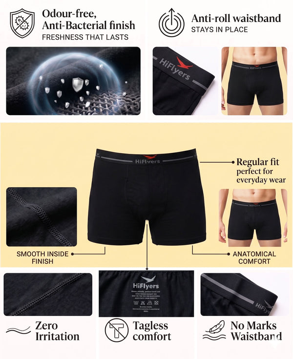 Hiflyers Men|Soft Breathable Odour-Free Cotton Lycra Fabric|Regular Fit|Comfortable Everyday Innerwear Trunk|Black
