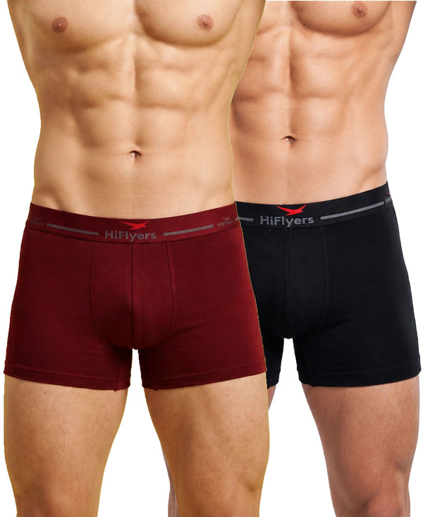 Hiflyers Men|Soft Breathable Odour-Free Cotton Lycra Fabric|Regular Fit|Comfortable Everyday Innerwear Trunk|Pack Of 2|Maroon,Black