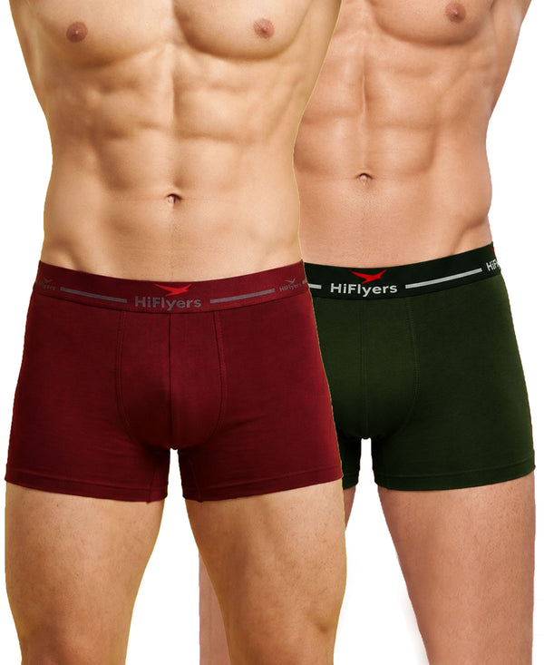 Hiflyers Men|Soft Breathable Odour-Free Cotton Lycra Fabric|Regular Fit|Comfortable Everyday Innerwear Trunk|Pack Of 2|Maroon,Olive
