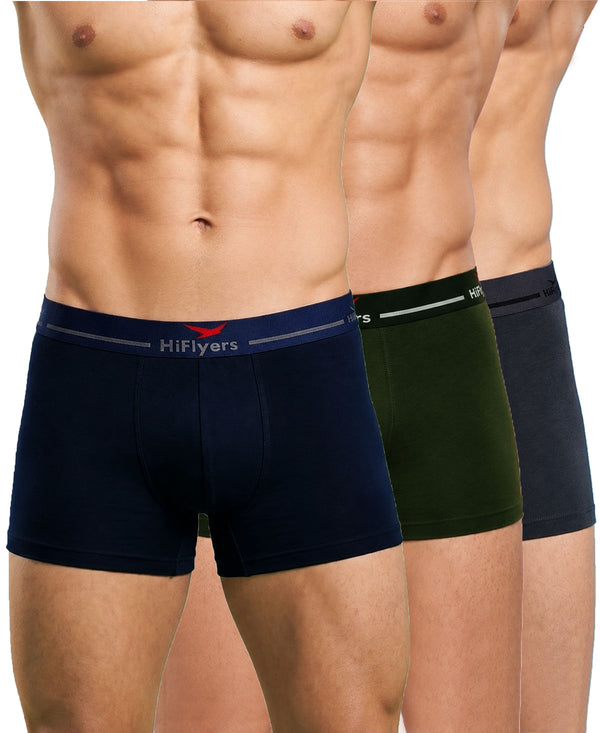 Hiflyers Men|Soft Breathable Odour-Free Cotton Lycra Fabric|Regular Fit|Comfortable Everyday Innerwear Trunk|Pack Of 3|Navy,Olive,Grey