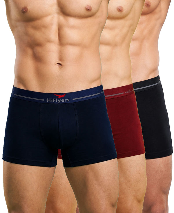 Hiflyers Men|Soft Breathable Odour-Free Cotton Lycra Fabric|Regular Fit|Comfortable Everyday Innerwear Trunk|Pack Of 3|Navy,Maroon,Black